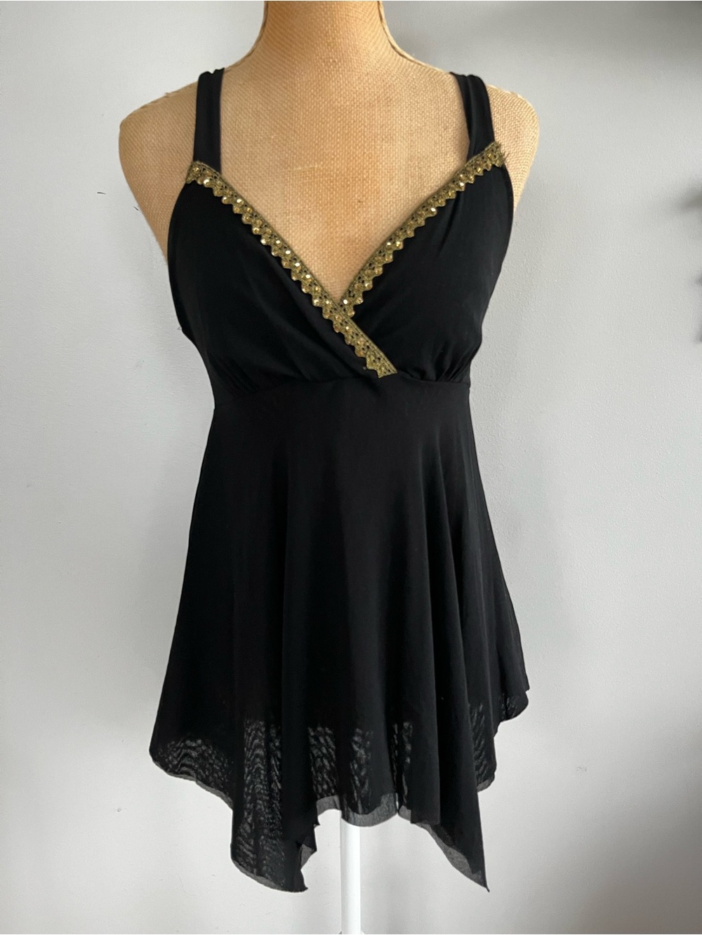 Y2K Vintage Black Mesh Handkerchief Hem Cami Babydoll Top Size M